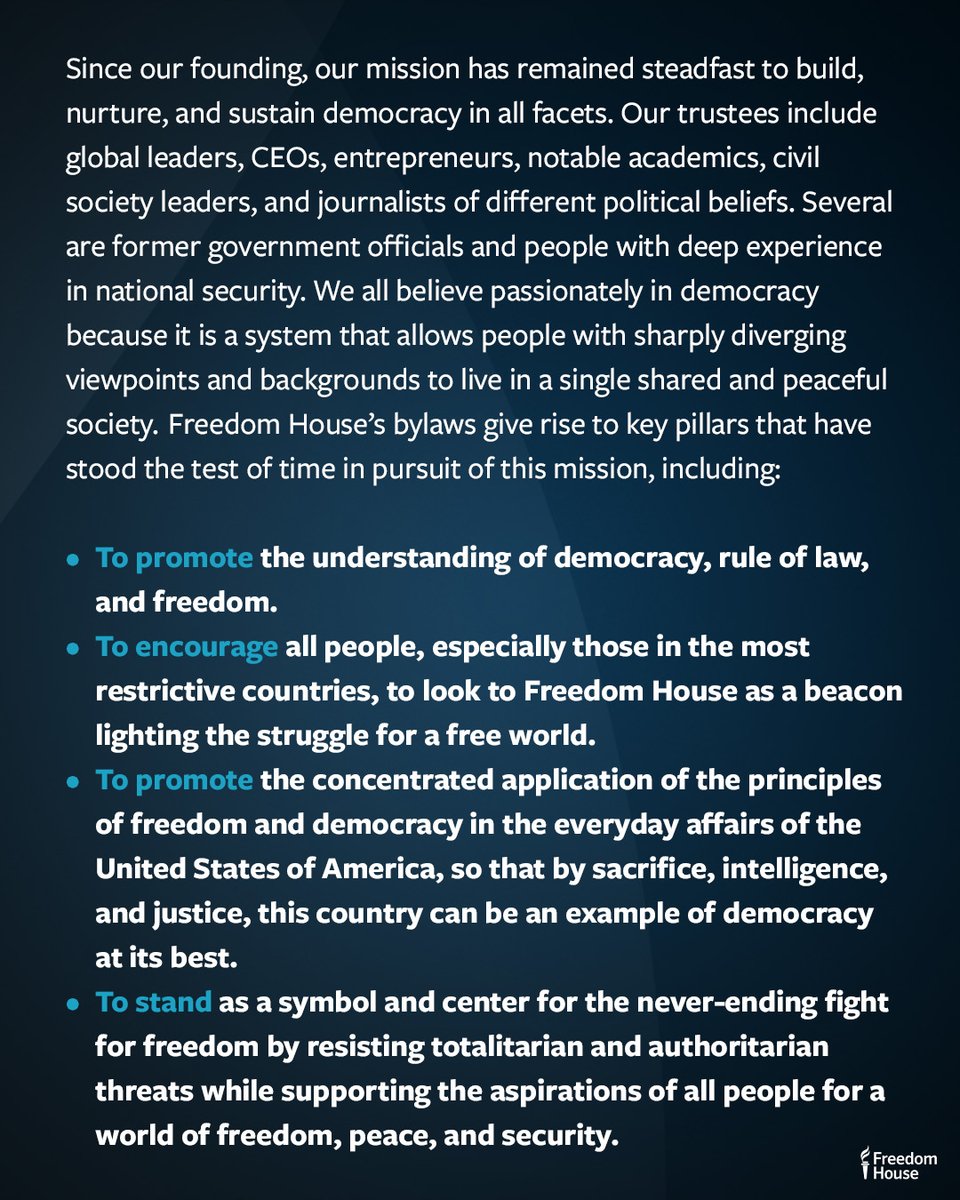 freedomhouse's tweet image. A message from the Freedom House Board of Trustees: Sustaining Our Commitment to the Enduring Cause of Freedom⬇️
freedomhouse.org/article/sustai…