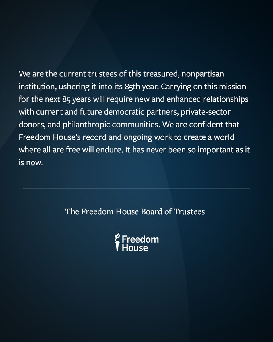 freedomhouse's tweet image. A message from the Freedom House Board of Trustees: Sustaining Our Commitment to the Enduring Cause of Freedom⬇️
freedomhouse.org/article/sustai…