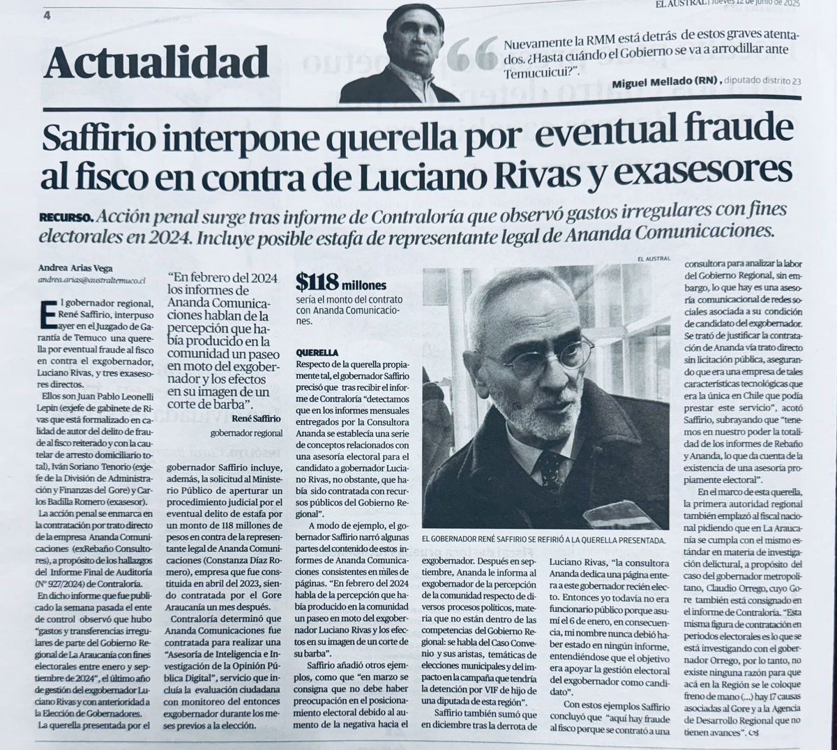 Comparto con ustedes publicación de hoy de El Austral de La Araucanía.