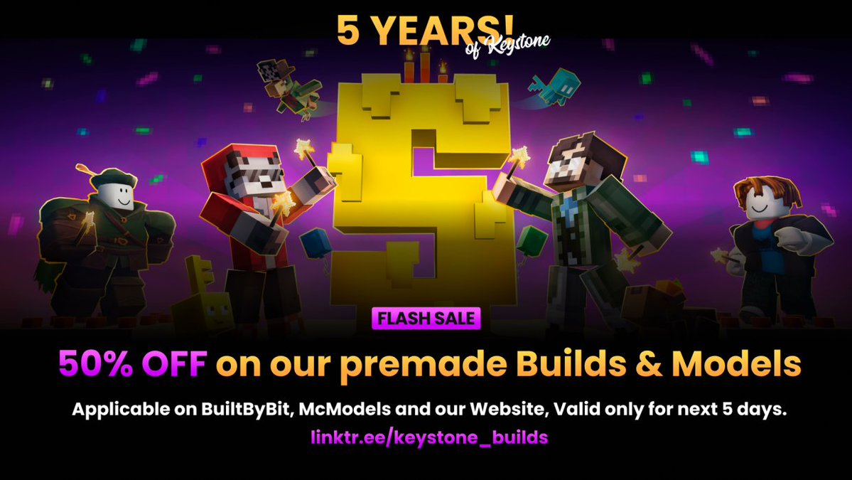 The BIG day is almost here... 🎂
Keystone Builds is turning 5 YEARS OLD — and the celebration starts now.
💥 50% OFF all premade maps &amp; models (June 12–19)
Available on BBB + McModels

#KeystoneTurns5 #MinecraftBuilds #MinecraftSale