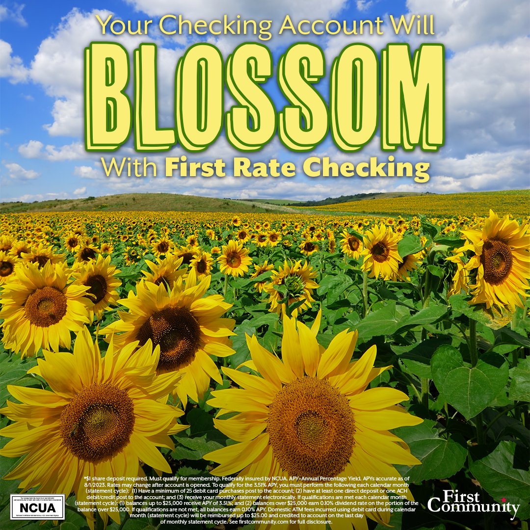 You deserve a blooming checking account that rewards YOU for using it! 🌻

Our First Rate Checking offers 3.51% APY* on balances up to $25,000 and no minimum balance required to earn those rewards!

Learn more: qr2.mobi/FCFirstRate