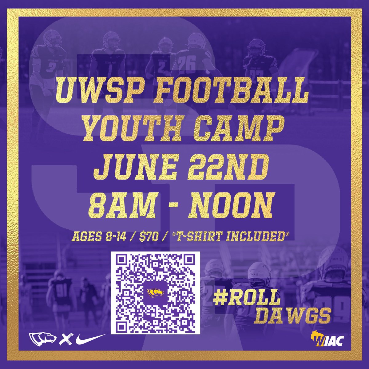 Pointer families! 

We are excited to host another Pointer Youth Football Camp in 10 days! We look forward to connecting with the Stevens Point and Plover area to help give your kids a fun experience where they can learn from the UWSP Staff! 

Please sign up with the QR Code!