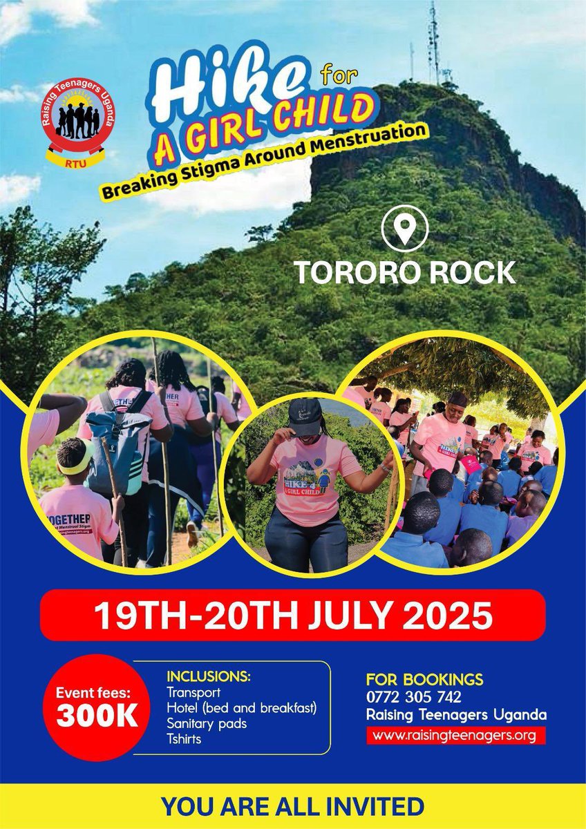bwambaledickso's tweet photo. The #Hike4GirlsUg  organized by @RaisingTeensUg2  aims to break the stigma around menstruation and promote awareness about menstrual hygiene. Book your slot today and be part of this experience as we hike the iconic Tororo Rock in Tororo District. https://t.co/9KEE8T8Uot