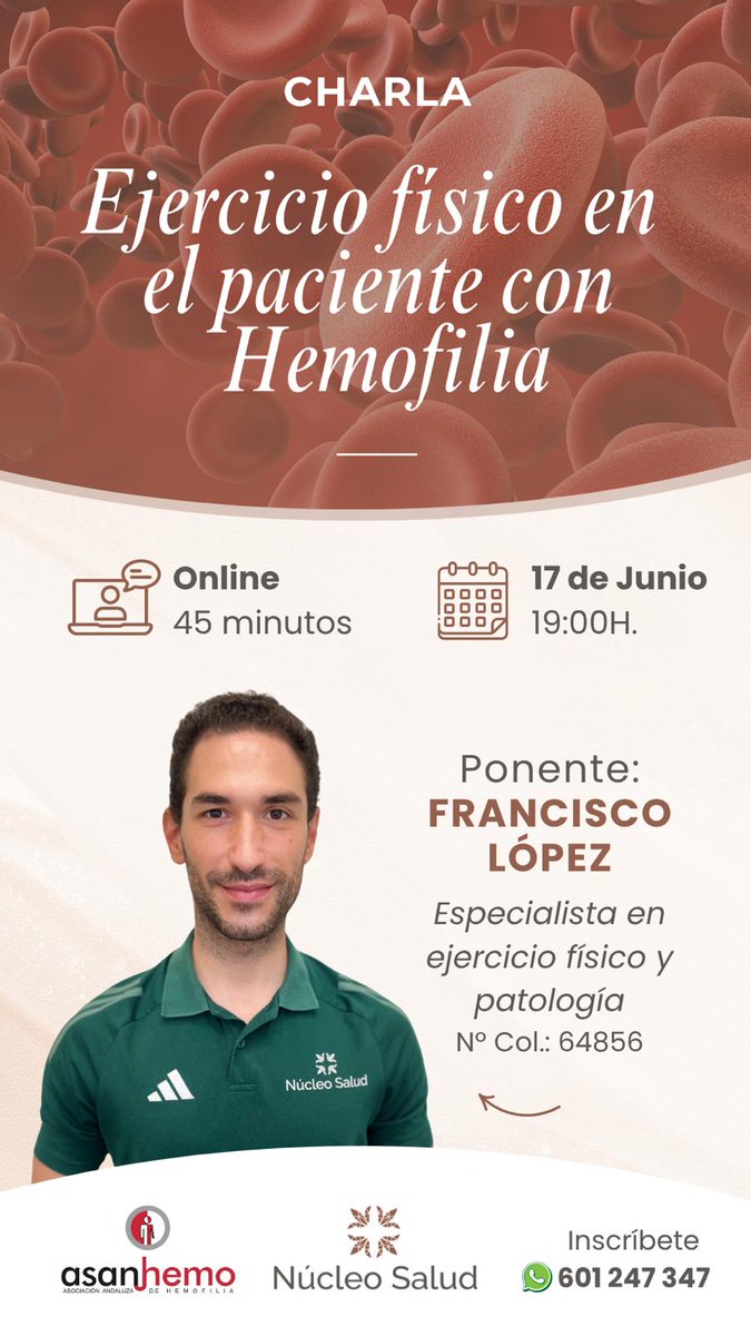 FEDER | Enfermedades Raras (@feder_ong) on Twitter photo 🩸 Charla online "Beneficios del entrenamiento personalizado para hemofilia y coagulopatías", organizada por <a href="/asanhemo/">Asociación Andaluza de Hemofilia (ASANHEMO)</a>.
📅 17 de junio, 19:00 h
🧑🏫Con Francisco López, especialista en ejercicio y patologías.
📲 enfermedades-raras.org/actualidad/age… 🩸 Charla online "Beneficios del entrenamiento personalizado para hemofilia y coagulopatías", organizada por <a href="/asanhemo/">Asociación Andaluza de Hemofilia (ASANHEMO)</a>.
📅 17 de junio, 19:00 h
🧑🏫Con Francisco López, especialista en ejercicio y patologías.
📲 enfermedades-raras.org/actualidad/age…