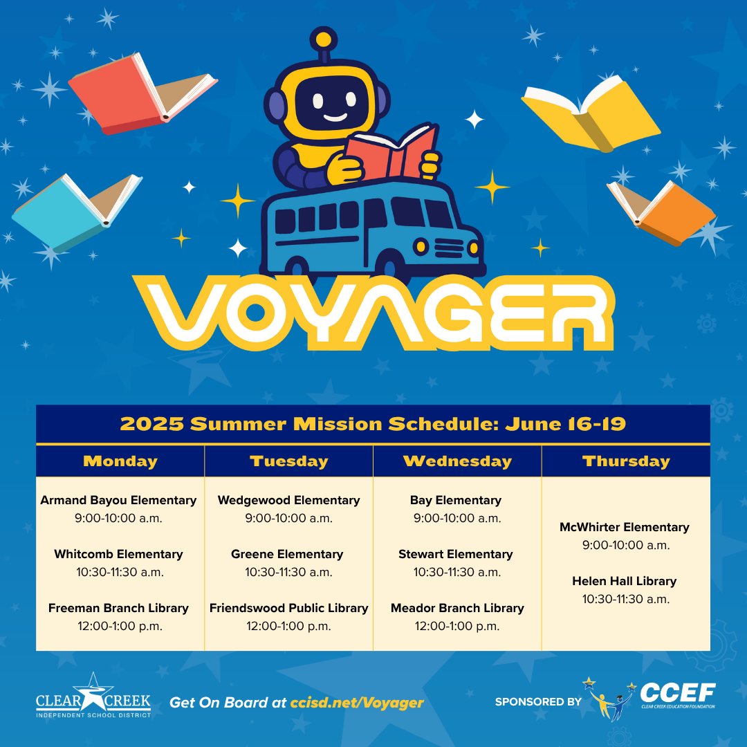 Roll into Summer with our New Makerspace Lab and Bookmobile! 🚌CCISD is excited to unveil the Voyager bus beginning next week, June 16-19. Thanks to the support of <a href="/ccisd_ef/">CCEF</a>, Voyager will bring learning to life across our school district. Full schedule: ccisd.net/voyager