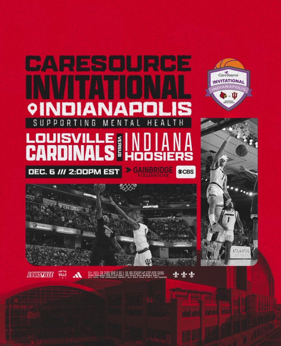 Louisville vs. Indiana. Two storied programs. One powerful purpose.
The Cards take on the Hoosiers in the CareSource Invitational, repping the Ville and raising awareness for mental health.

📍 Gainbridge Fieldhouse – Naptown
📆 Dec. 6 | 🕑 2PM EST | 📺 CBS

Card Nation will