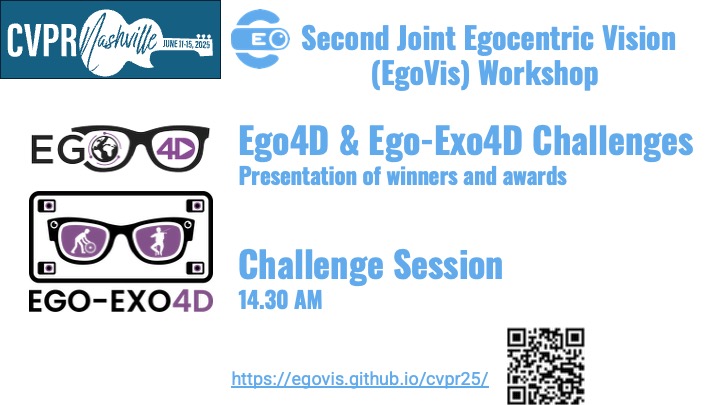 Up next at #EgoVis!

Join us at 2:30 PM in Grand B1 for the Ego4D &amp; Ego-Exo4D Challenge session. 🏆

We'll be presenting the winning solutions and celebrating the top teams. Don't miss it!

<a href="/ego4_d/">Ego4D</a> #EgoExo4D <a href="/CVPR/">#CVPR2025</a> #CVPR2025