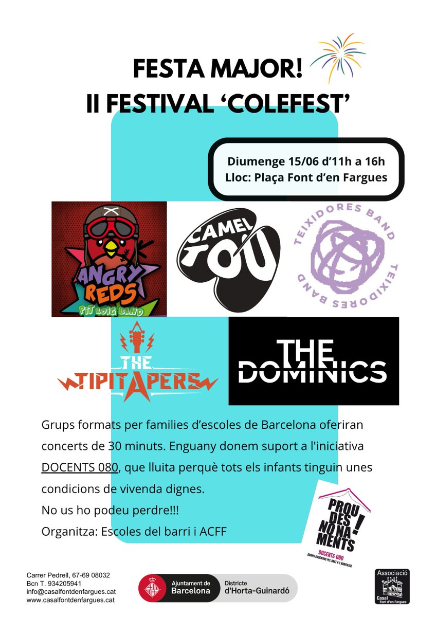 Aquest diumenge llegirem el manifest, repartirem info i intentarem donar a conèixer les nostres demandes a tots els assistents. Diumenge 15 entre les 11h i les 16h a la Plaça Font d'en Fargues #colefest