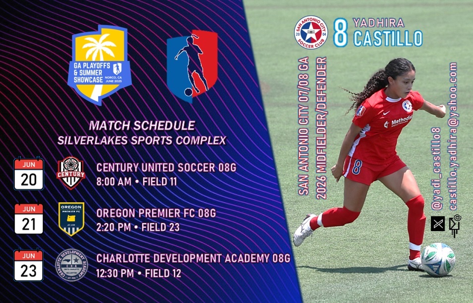 Looking forward to competing in the #GASummerShowcase with <a href="/SACity0708GA/">SA City 07/08 GA</a> in Norco, California. 

<a href="/sacitysc/">San Antonio City Soccer Club</a> <a href="/Soy_SAF/">SOY SAN ANTONIO FÚTB⚽️L</a> <a href="/soccerislife621/">Roberto Del Toro (Coach Beto)</a> <a href="/6a_28/">SA High School & Club Soccer</a> <a href="/ImCollegeSoccer/">College Soccer Truth ™</a> <a href="/PrepSoccerTX/">Prep Soccer Texas</a> <a href="/PrepSoccer/">Prep Soccer ⚽️</a> <a href="/TheSoccerWire/">SoccerWire</a> <a href="/CollegeSoccerID/">College Soccer ID</a> <a href="/SATXSoccer/">S.A. Soccer ⚽🎥🎙️</a> <a href="/soccer_warren/">Warren Girls Soccer</a>