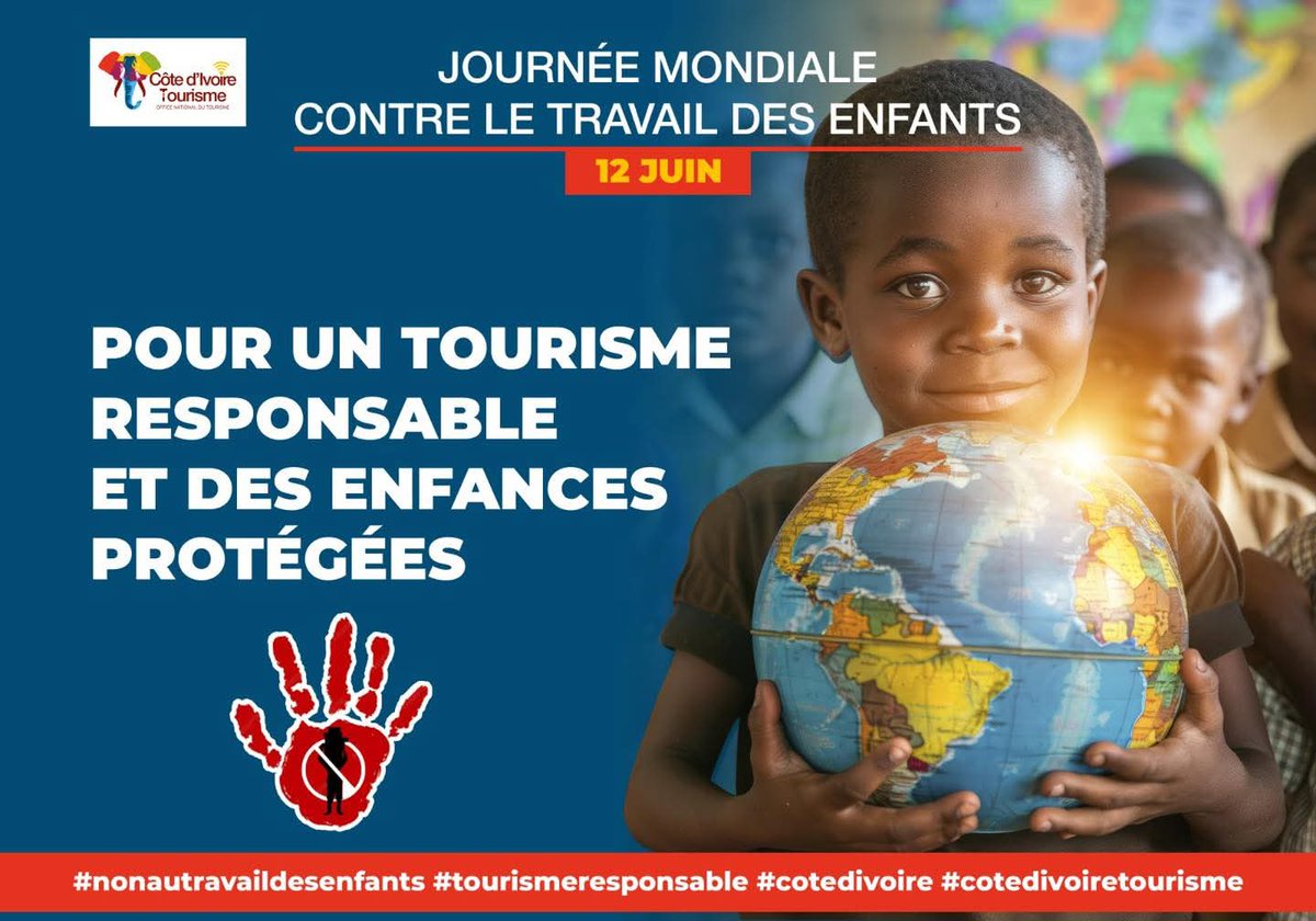 🇨🇮📢 À l’occasion de la Journée mondiale contre le travail des enfants👶
Côte d'Ivoire Tourisme réaffirme 🧡son engagement pour un tourisme éthique et inclusif.🤍
🔒 Protéger l’enfance, c’est aussi repenser notre manière de voyager.💚