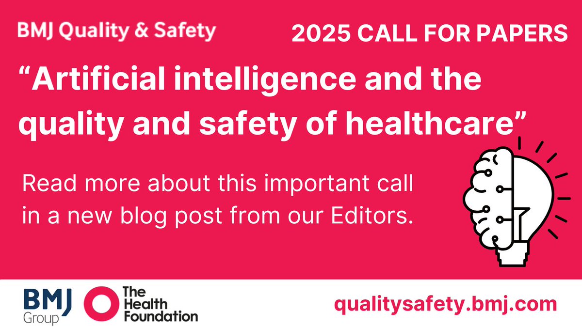 BMJ Quality & Safety (@bmj_qual_saf) on Twitter photo ๐ฃ Call for papers on Artificial Intelligence and the quality and safety of healthcare!
๐ We invite submissions of original research, quality improvement reports, viewpoint, review, and methodology papers.
Specific topics of interest include: 
โ
 the role of AI in measuring ๐ฃ Call for papers on Artificial Intelligence and the quality and safety of healthcare!
๐ We invite submissions of original research, quality improvement reports, viewpoint, review, and methodology papers.
Specific topics of interest include: 
โ
 the role of AI in measuring