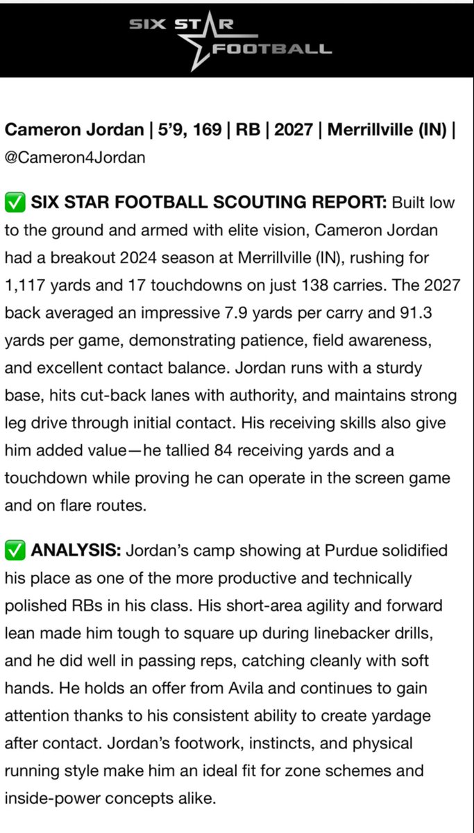 Cameron Jordan (@cameron4jordan) on Twitter photo Thank you <a href="/sixstarfootball/">Six Star Football | PLUS+</a> for the scouting report and analyst!!!!
<a href="/IndianaPreps/">Indiana Preps</a> <a href="/indystar/">IndyStar</a> <a href="/IndyWeOutHere/">IndyWeOutHere ‼️</a> <a href="/247recruiting/">247Sports Recruiting</a> <a href="/247Sports/">247Sports</a> <a href="/PrepRedzoneIN/">Prep Redzone Indiana</a> <a href="/CoachMonken_/">Travis Monken</a> <a href="/BoilerFootball/">Purdue Football</a>
<a href="/Rivals/">Rivals</a> Thank you <a href="/sixstarfootball/">Six Star Football | PLUS+</a> for the scouting report and analyst!!!!
<a href="/IndianaPreps/">Indiana Preps</a> <a href="/indystar/">IndyStar</a> <a href="/IndyWeOutHere/">IndyWeOutHere ‼️</a> <a href="/247recruiting/">247Sports Recruiting</a> <a href="/247Sports/">247Sports</a> <a href="/PrepRedzoneIN/">Prep Redzone Indiana</a> <a href="/CoachMonken_/">Travis Monken</a> <a href="/BoilerFootball/">Purdue Football</a>
<a href="/Rivals/">Rivals</a>