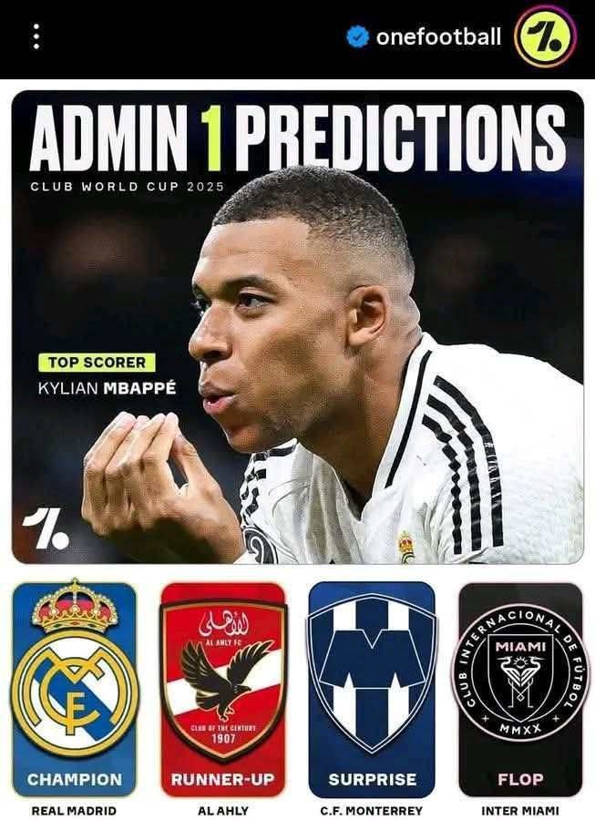 🚨🚨🚨🚨 موقع onefootball يتوقع وصول الأهلي لنهائي المونديال وحصوله علي وصيف كاس العالم للاندية

#انجاز_مونديالى_يااهلى