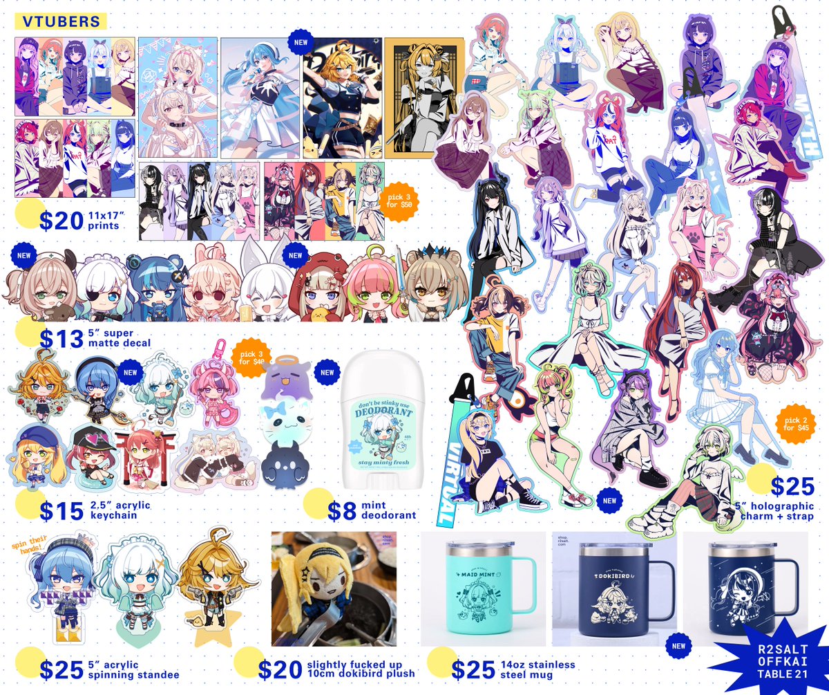 r1salt's tweet photo. hello! here's my catalog for offkai expo #OffKaiGen4 !!

come visit me at table 21, i worked hard and drew a lot of new dokibird, suisei, phase connect, and some of my favourite indies 😊

ribbons, other fun stuff, and non vtuber merch below⏬ (1/2) https://t.co/TWVW1EN7V8