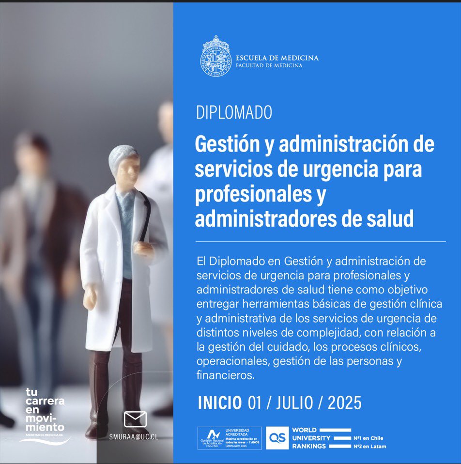 Te invitamos a realizar nuestro “Diplomado en Gestión y administración de servicios de urgencia para profesionales y administradores de salud”
Comienza el 1 de Julio 2025
Aún quedan algunos cupos!! 

Mas información:

educacioncontinua.uc.cl/programas/dipl…