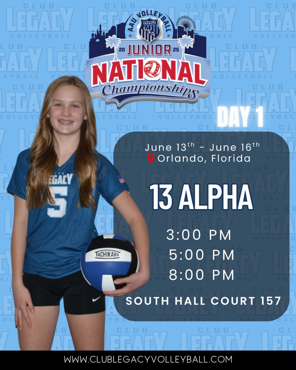 Day 1 of the AAU Junior National Championships is here! Best of luck to 13 Alpha as they compete in their first 3 matches tomorrow evening! #AAUNationalChampionships #GoodLuck #OrlandoFlorida