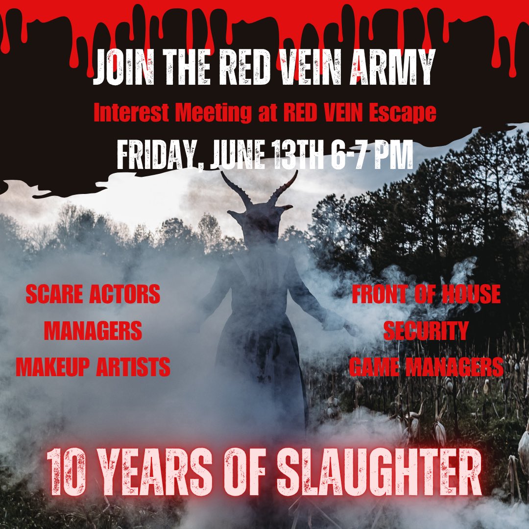 Come out to <a href="/redveinescape/">RED VEIN Escape</a> tomorrow night from 6-7pm for our first haunt interest meeting and become #OneOfUs! 🔺