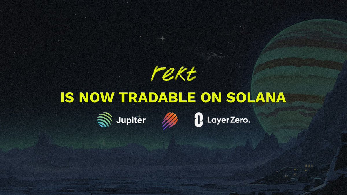 We're excited to announce a partnership with <a href="/JupiterExchange/">Jupiter (🐱, 🐐)</a> &amp; <a href="/MeteoraAG/">Meteora</a> to further the brand coin &amp; web4 movement!

Jupiter has taken a position in $REKT to bring @RektDrinks to Solana

You can now bridge $REKT to Solana with <a href="/LayerZero_Core/">LayerZero</a>

Learn more 👇