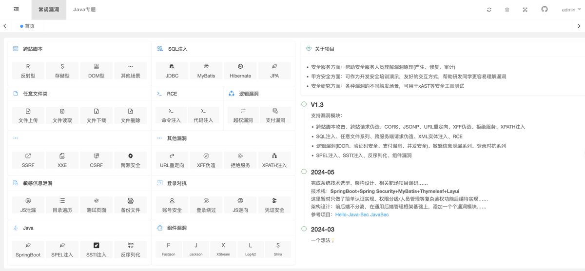 【漏洞平台】JavaSecLab - 一款综合型Java漏洞平台，提供相关漏洞缺陷代码、修复代码、漏洞场景、审计SINK点、安全编码规范、漏洞流量分析，覆盖多种漏洞场景，友好用户交互UI

github.com/whgojp/JavaSec…