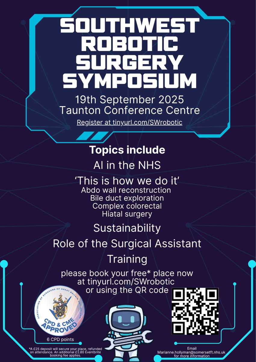 Only 100 days to go!

Please join at the SW Robotic Surgery Symposium on the 19th September in Taunton. 

Suitable for trainees, through to consultants and great opportunity for theatre practitioners to meet with others. 

Sign up at tinyurl.com/SWrobotics