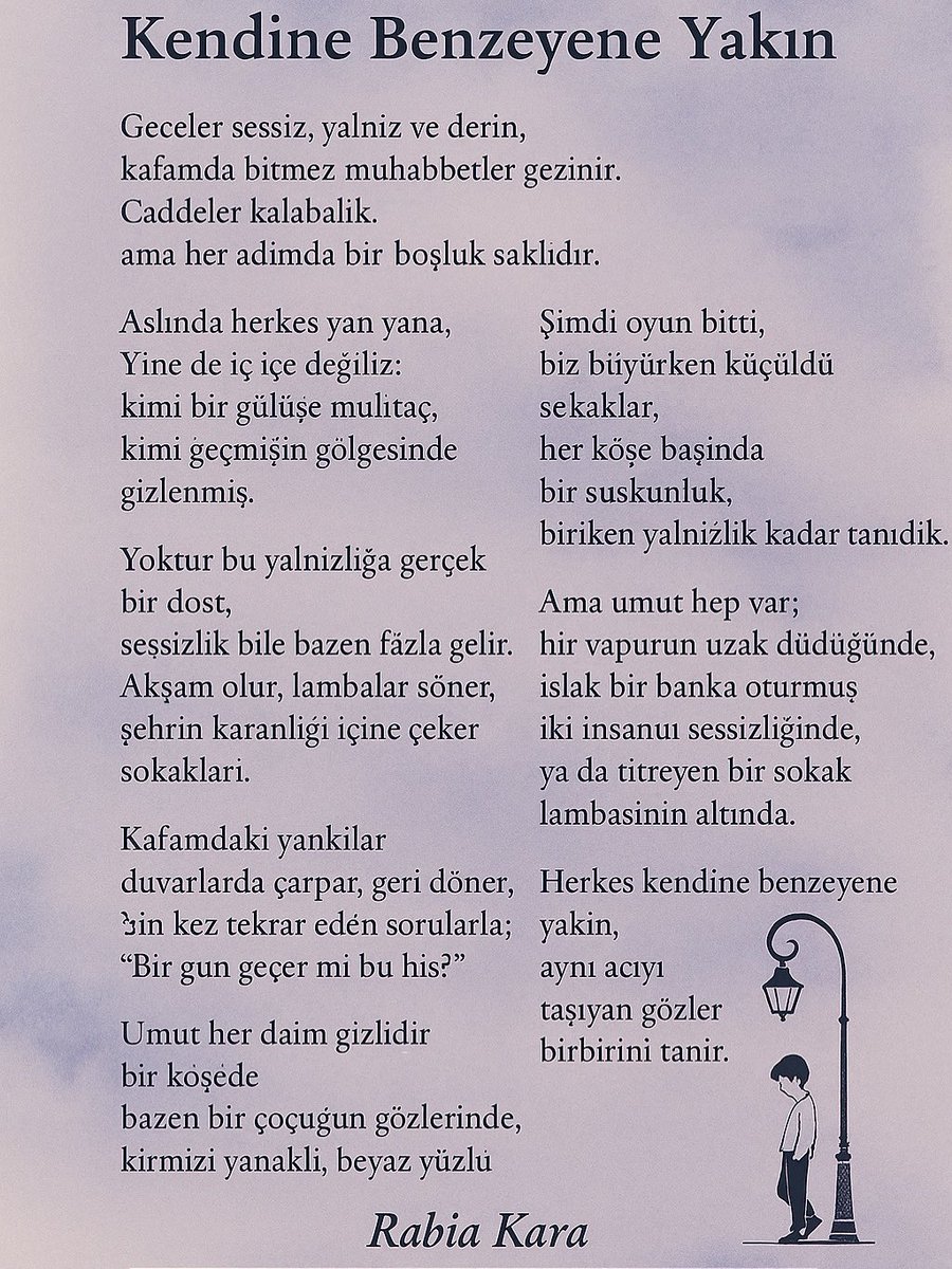“Küçülmüş sokaklarda büyürken bir çocuk içimde sessiz kaldı…
‘Kendine Benzeyene Yakın’ adlı şiirim.🖤”
#şiir