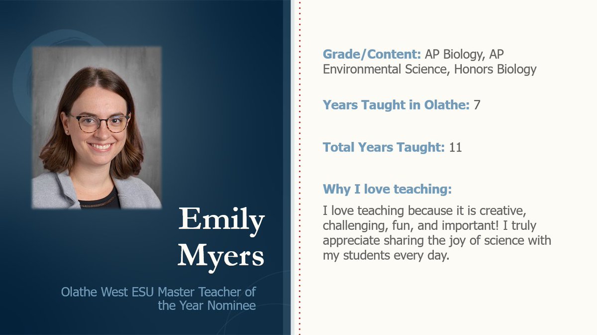 Each of our schools had the opportunity to nominate an educator for our district's nomination for Kansas Teacher of the Year and Emporia State University Master Teacher. Swipe through the photos to learn more. Please congratulate these individuals for being outstanding