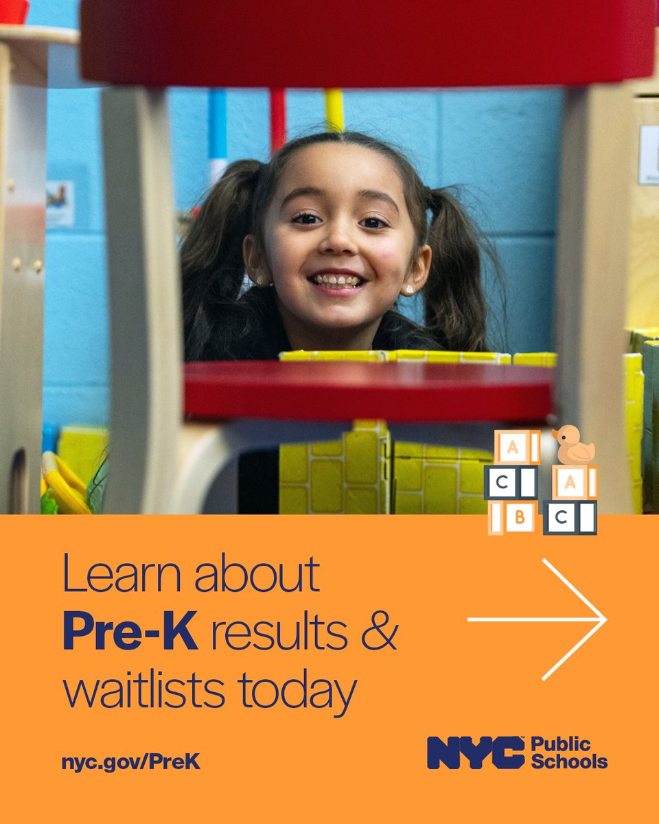 NYC Public Schools (@nycschools) on Twitter photo If you submitted a pre-K application for the 2025-2026 school year, you received an offer!
Accept and secure your child's seat by Friday, June 13.
Learn more: nyc.gov/PreK If you submitted a pre-K application for the 2025-2026 school year, you received an offer!
Accept and secure your child's seat by Friday, June 13.
Learn more: nyc.gov/PreK