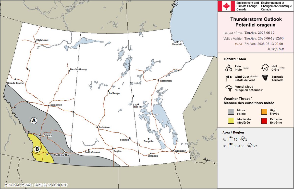 ECCCWeatherAB's tweet image. Expecting thunderstorms in southern Alberta today with the risk of severe storms developing in the extreme southwest. The unsettled weather continues with more organized rainfall further north tonight/tomorrow #abstorm