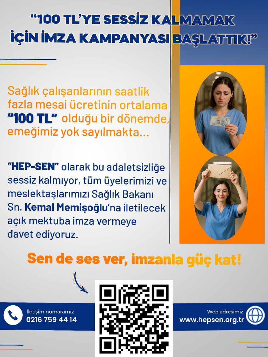 100 TL'ye Sessiz Kalmamak İçin İmza Kampanyası Başlattık!

Emeğimiz Öldü, Sessiz Kalmıyoruz!
Sağlık çalışanlarının alın teri, saatlik 100 TL’lik fazla mesai ücretiyle yok sayılıyor! 

Bu adaletsizliğe dur demek için HEP-SEN olarak bir aradayız. Sağlık Bakanı Sn. Kemal