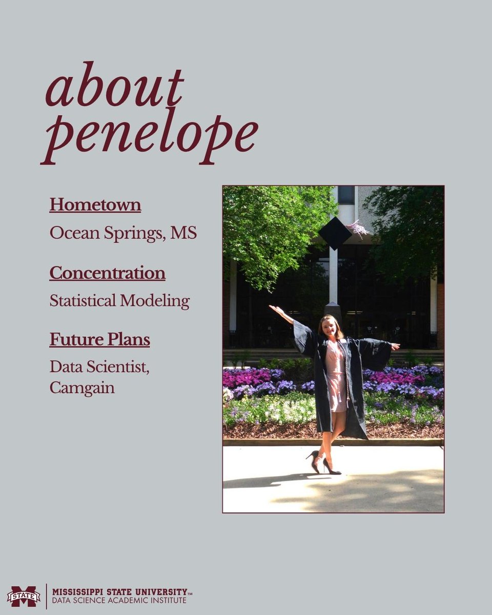 MsStateDataSci's tweet image. Please help us in congratulating another one of our Spring 25 Data Science Graduates, Penelope Prochnow!