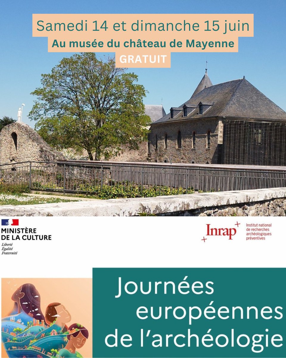 #JEArcheo
Rendez-vous ce week-end pour les <a href="/journees_archeo/">Journées archéologie</a> ! ⛏️🏺
Pour cet événement, l'équipe du <a href="/museemayenne/">MuséechâteauMayenne</a> 🏰propose des animations gratuites à Mayenne et Laval.

Plus d'infos via le lien ci-dessous !
👉urls.fr/805Y9A

<a href="/Mayenne_Ville/">Ville de Mayenne</a> 
#archéologie #patrimoine