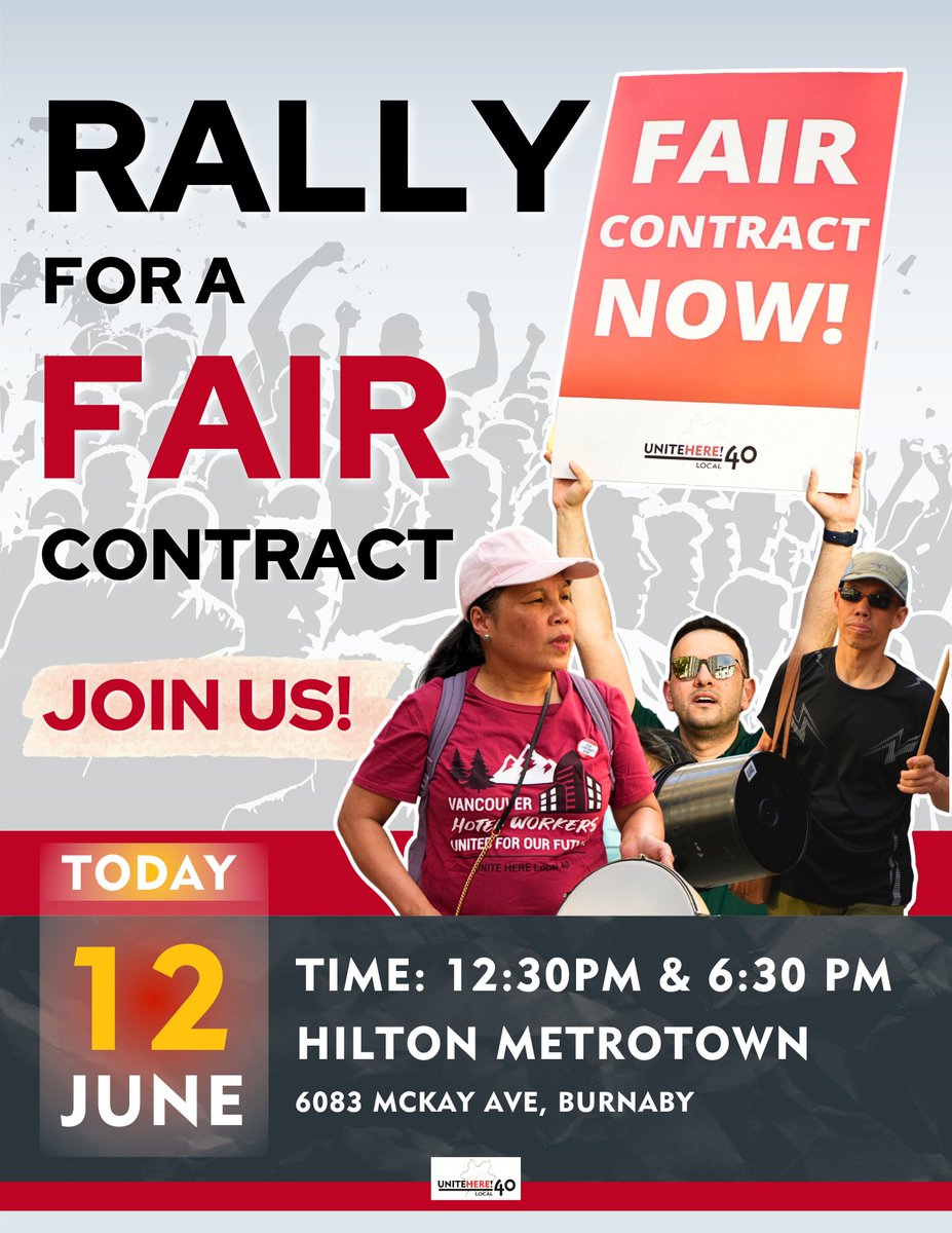 📢 JOIN THE RALLY TODAY TO SUPPORT HILTON METROTOWN WORKERS! 📢

"What do we want? CONTRACT!
When do we want it? NOW!"

Time: 12:30pm and 6:30pm
📍 Hilton Metrotown, 6083 McKay Ave, Burnaby