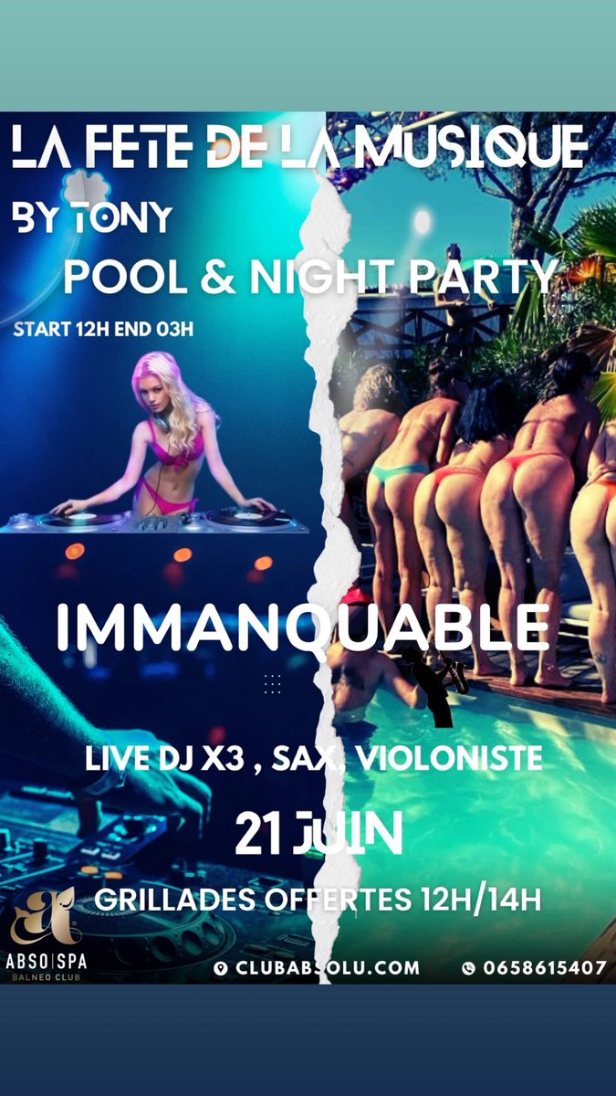 TonyEvents2's tweet photo. Les Amis, ne manquez surtout pas la fête de la musique la plus sexy de France autour de notre mythique, piscine de l’absospa. Info resa 0658615407 https://t.co/UDL3GOXy6y