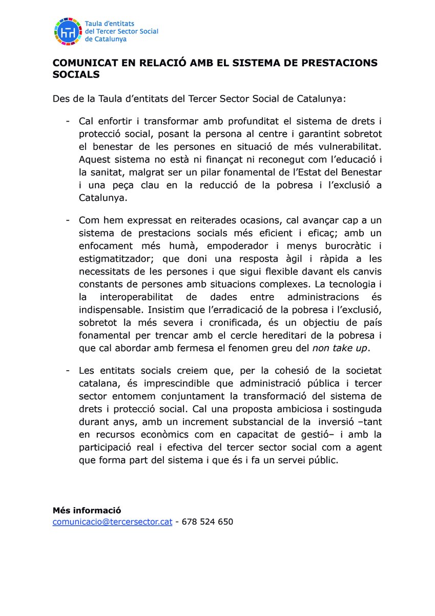 COMUNICAT EN RELACIÓ AMB EL SISTEMA DE PRESTACIONS
SOCIALS
Des de la Taula d’entitats del Tercer Sector Social de Catalunya:

#FEDAIA