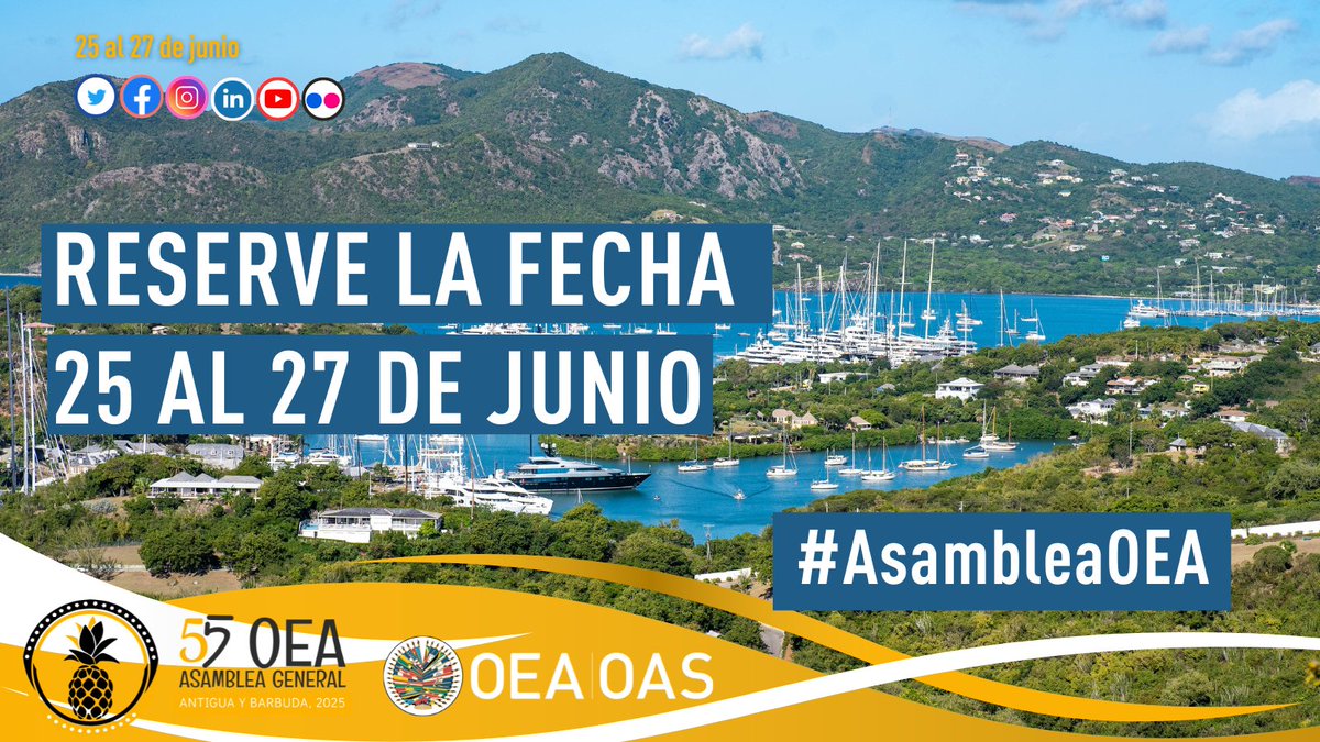 📌 ¡Reserva la fecha!
Del 25 al 27 de junio, 🇦🇬 Antigua and Barbuda será sede de la 55ª Asamblea General de la OEA.
🗓️ Más información:
🔗 oas.org/ext/es/princip…
#AsambleaOEA