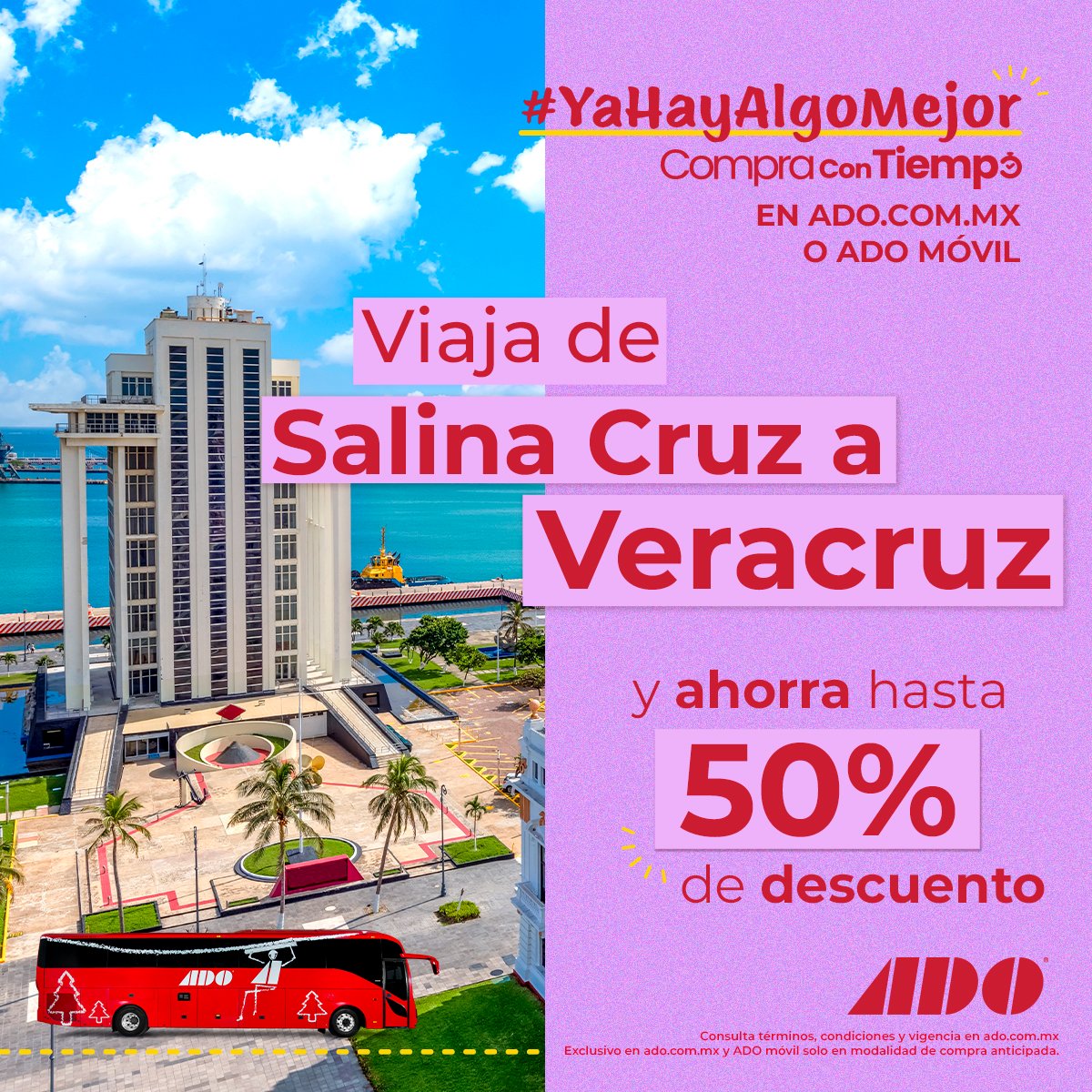 🌅 ¡De Salina Cruz a Veracruz con hasta 50% de descuento! 🚌 Planifica con anticipación y aprovecha esta promoción exclusiva en ADO.com.mx y ADO Móvil. ¿Qué esperas? ¡Tu próximo viaje está a un clic de distancia!🔗 Compra aquí: tinyurl.com/2737vmre
#YaHayAlgoMejor