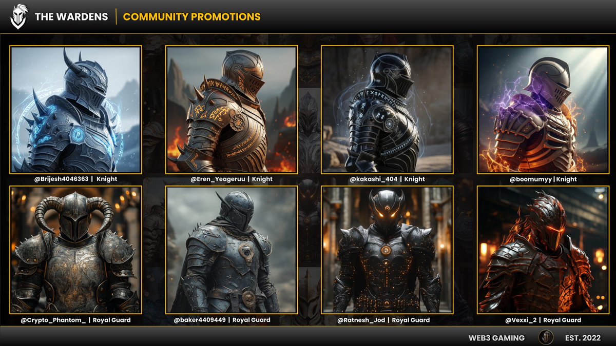 TheWardensGC's tweet photo. Community Promotions - June! 🥳

Huge congratulations to the following 4 Squires on their promotion to Knighthood, and 4 Knights on their promotion to Royal Guards!

Built by Gamers. Powered by Community  ⚔️