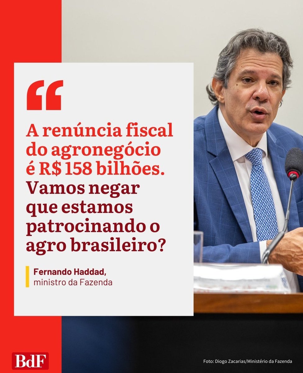 O povo brasileiro não aguenta mais pagar impostos pra carregar o Agro nas costas.

Modelo de baixa produtividade que expulsa famílias, destrói, polui, emite 75% do carbono, gera pouco emprego e prejudica a segurança alimentar do brasileiro

- imposto pro Brasil
+ imposto pro Agro