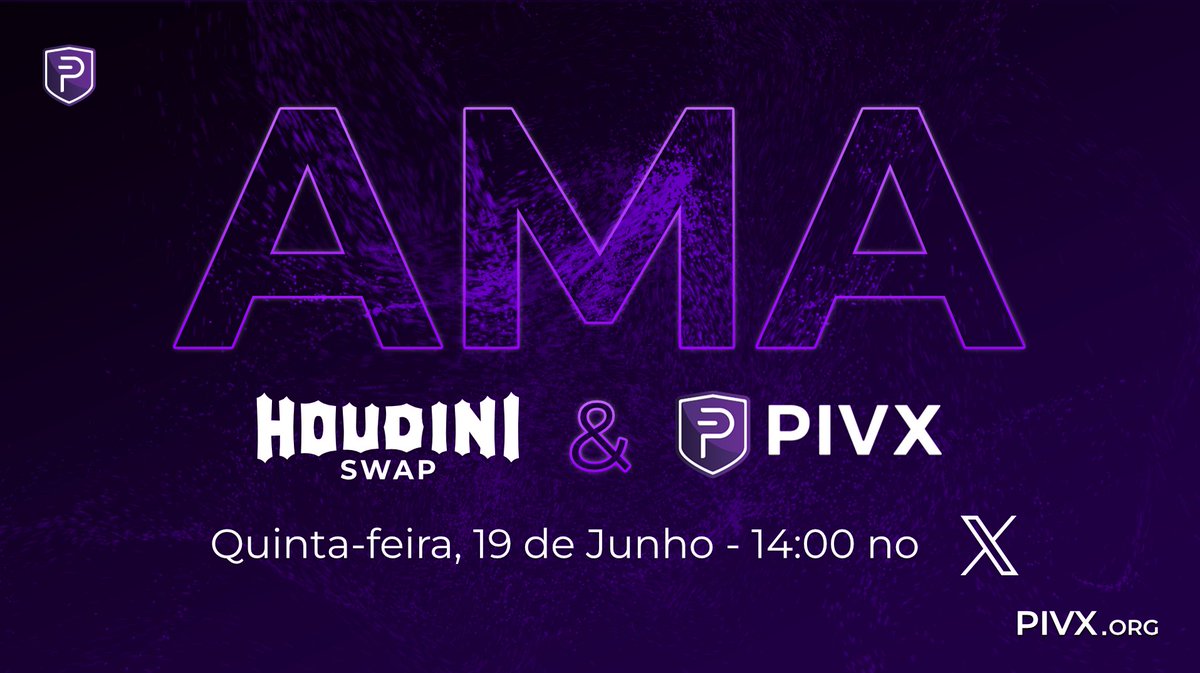 Junta-te ao parceiro oficial #PIVX, <a href="/HoudiniSwap/">Houdini Swap</a>, e à <a href="/_PIVX/">PIVX Official priv/acc</a> para a próxima #AMA, 19 Junho às 14:00 no X.🚀

Cria alerta aqui:🎗️x.com/i/spaces/1RDxl…
🎉Serão atribuídos 4 prémios de 50 PIV cada às 4 melhores perguntas deixadas nos comentários.🎉
#PIVX #HoudiniSwap #Privacidade