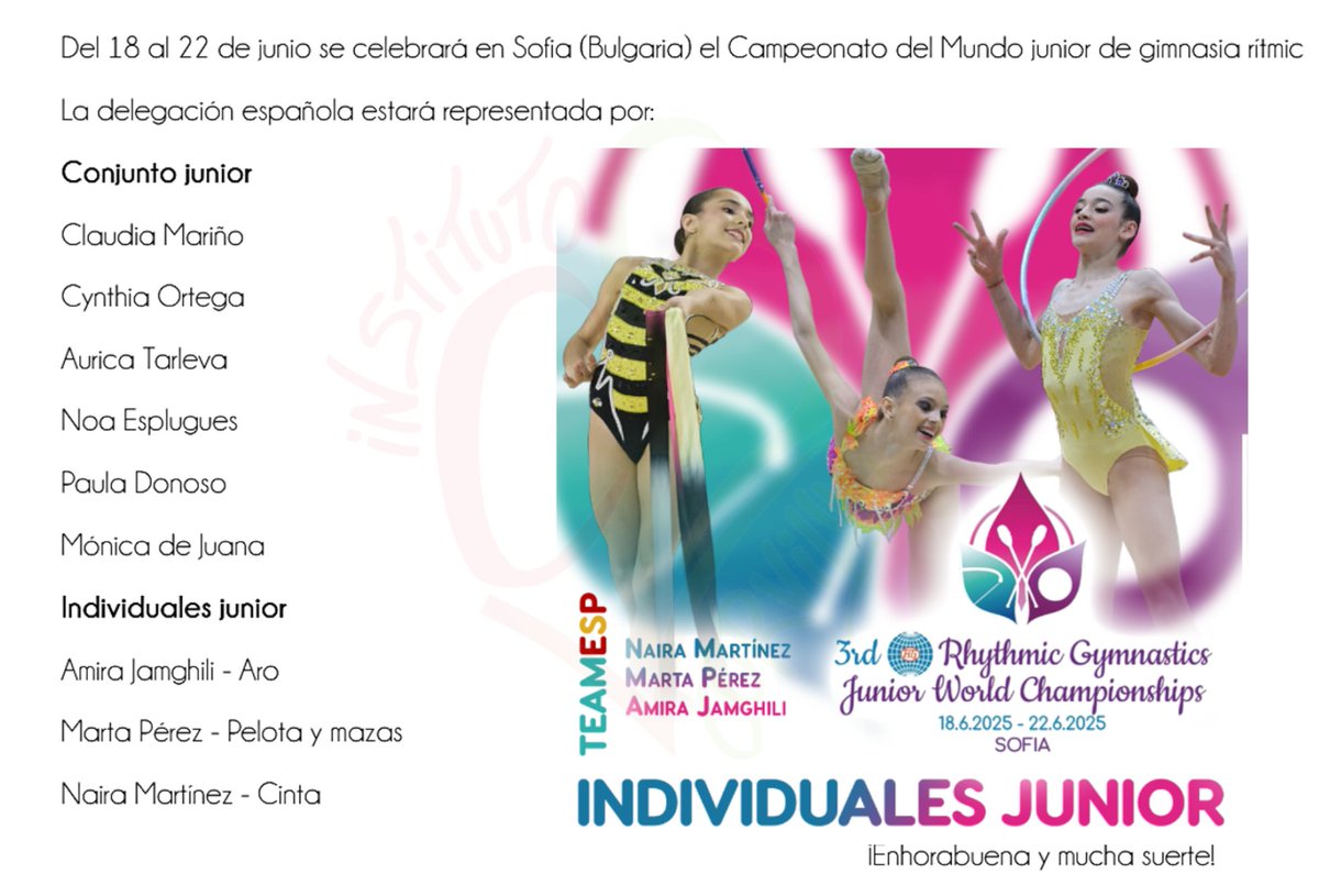 World Junior Rhythmic Gymnastics Ch
#teamESP has been launched
🇪🇸Amira Jamghili - hoop
🇪🇸Naira Martínez - ribbon
🇪🇸Marta Pérez - ball &amp; clubs
🇪🇸Spanish Junior Group
. Paula Donoso
. Noa Esplugues
. Mónica de Juana
. Claudia Mariño
. Cynthia Ortega
. Aurica Tarleva
#Wchsofia