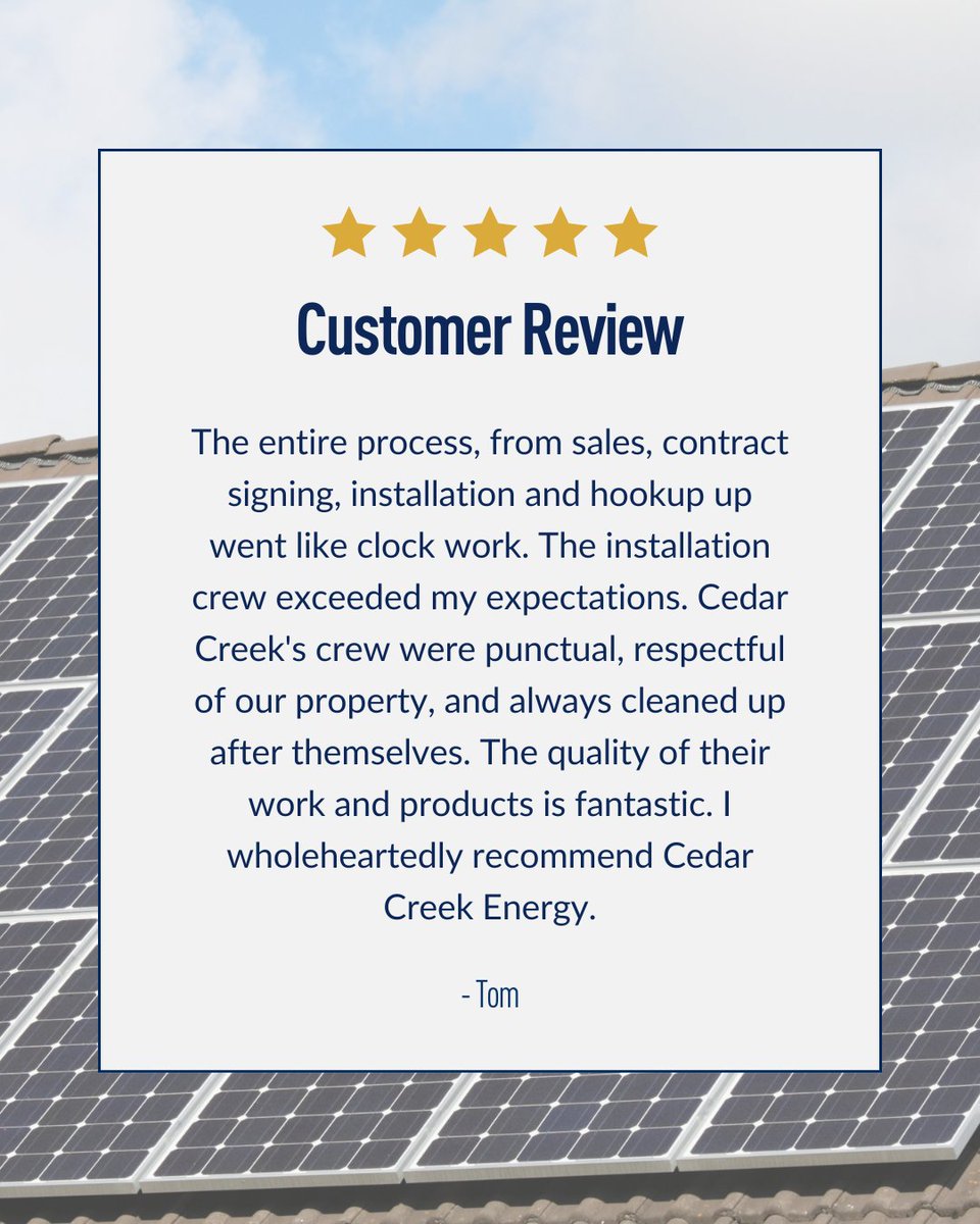 We love hearing this feedback! 💬

“The entire process went like clock work. Cedar Creek's crew were punctual, respectful of our property, and always cleaned up after themselves. I wholeheartedly recommend Cedar Creek Energy.”

Thanks for trusting us with your solar journey! ☀️🏡