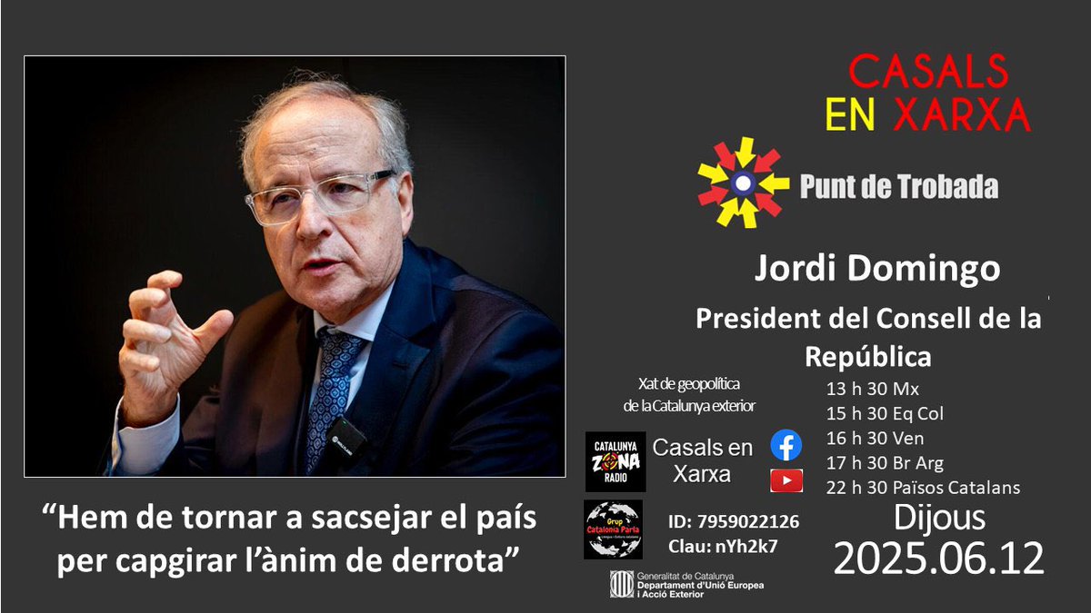 Consell de la República Catalana (@consellrep) on Twitter photo 🔴 Avui el president del Consell de la República <a href="/JordiDomingoGM/">Jordi Domingo</a> participarà a "Casals en xarxa"
A les 22,30h Països Catalans | 21,30h UK | 17,30h AR UY BR | 16,30h VE EDT/EUA PY | 15,30h EC CO PE | 13,30h CR MX | 12,30h PST/EUA
📲 us05web.zoom.us/j/7959022126?p… 🔴 Avui el president del Consell de la República <a href="/JordiDomingoGM/">Jordi Domingo</a> participarà a "Casals en xarxa"
A les 22,30h Països Catalans | 21,30h UK | 17,30h AR UY BR | 16,30h VE EDT/EUA PY | 15,30h EC CO PE | 13,30h CR MX | 12,30h PST/EUA
📲 us05web.zoom.us/j/7959022126?p…