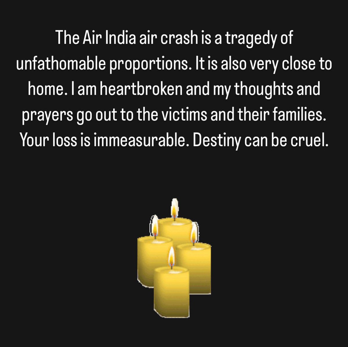 Purbayan Chatterjee (@stringstruck) on Twitter photo The Air India air crash is a tragedy of unfathomable proportions. It is also very close to home. I am heartbroken and my thoughts and prayers go out to the victims and their families. Your loss is immeasurable. Destiny can be cruel.🕯️ The Air India air crash is a tragedy of unfathomable proportions. It is also very close to home. I am heartbroken and my thoughts and prayers go out to the victims and their families. Your loss is immeasurable. Destiny can be cruel.🕯️