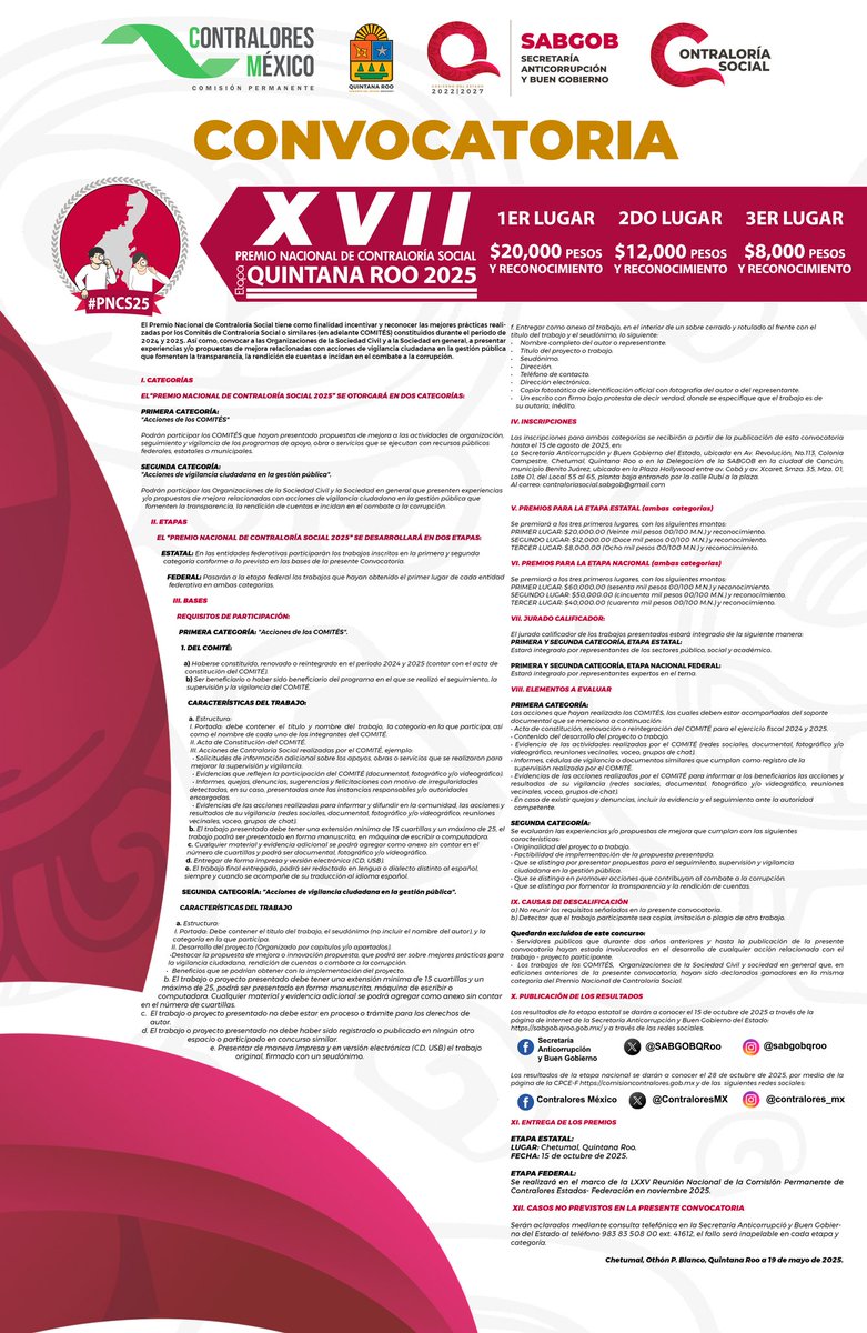 Comparte tus acciones de vigilancia o propuestas para mejorar el uso de recursos públicos.
🗓️ Cierre: 15 de octubre
💰 Premios hasta $20,000
📥 Convocatoria: drive.google.com/.../1BNKaMK998…...
#Transparencia #ContraloríaSocial #QuintanaRoo