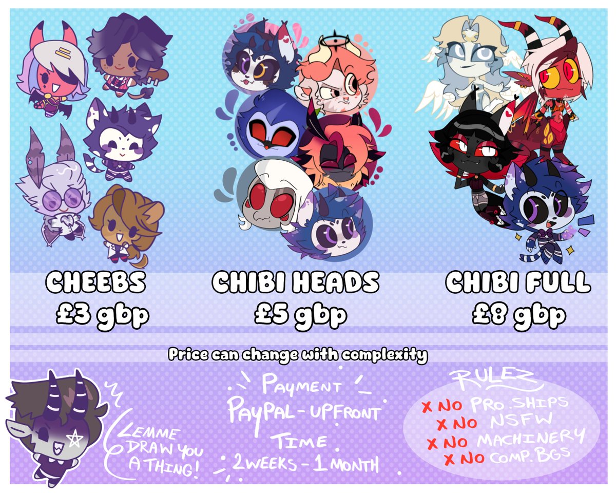 SpookyObak's tweet image. 2025 C0m sheet.
everything's been reduced
#HazbinHotel #HelluvaBoss #commissionsopen #commissions