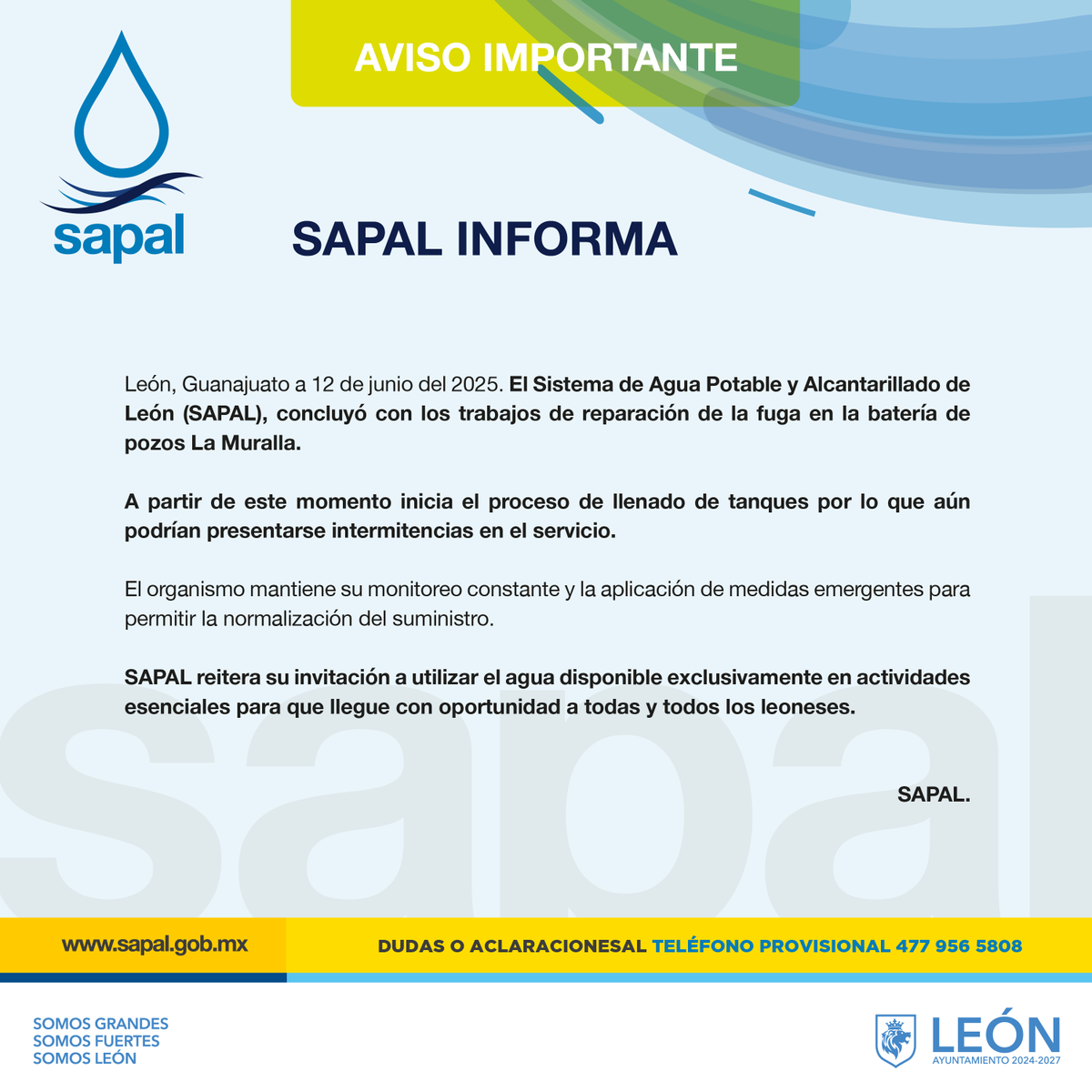 Sapalleon's tweet photo. #SAPALInforma⚠️ Concluimos las labores de reparación en La Muralla e iniciamos el llenado de tanques. Monitoreamos de manera constante el suministro hasta normalizar el servicio.
Ponemos a tu disposición la línea provisional 477 956 58 08 las 24 horas para tus dudas o reportes. https://t.co/DeASK1WtHv