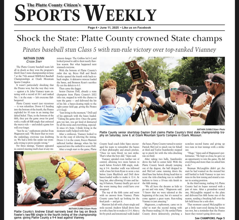 PlatteCitizen's tweet photo. 🏆 STATE CHAMPS!

@Piratebaseball brought home the Class 5 state title — and we’ve got full coverage in The Citizen.

📰 Get your hands on this week’s paper and relive the championship: https://t.co/hP0kD3RpD8 https://t.co/19qONoz0LQ