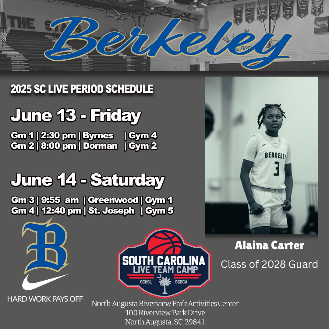 Alaina Carter (@alaina_carter28) on Twitter photo 🚨‼️SC LIVE IT’S GAMETIME. Come check us out tomorrow & Sat @ North Augusta Riverview Park Activities Center. Some great games scheduled. ‼️🚨 WE ALL WE GOT, WE ALL WE NEED. <a href="/ladystagshoops/">Berkeley Lady Stags Hoops</a> #BetterAtBERKELEY #BetterTogether #Defend #ChampsOnly #Relentless #JUNEALLIN 💙💛🤍🦌🏆 🚨‼️SC LIVE IT’S GAMETIME. Come check us out tomorrow & Sat @ North Augusta Riverview Park Activities Center. Some great games scheduled. ‼️🚨 WE ALL WE GOT, WE ALL WE NEED. <a href="/ladystagshoops/">Berkeley Lady Stags Hoops</a> #BetterAtBERKELEY #BetterTogether #Defend #ChampsOnly #Relentless #JUNEALLIN 💙💛🤍🦌🏆