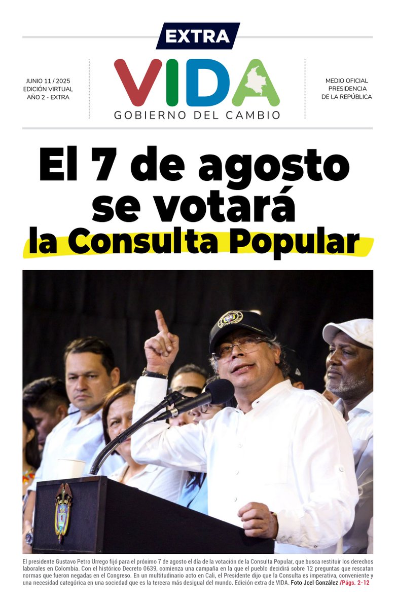 📣Conoce en la edición extra de VIDA, periódico oficial de @Infopresidencia, el decreto firmado por el Presidente @PetroGustavo con el que convoca a la Consulta Popular: presidencia.gov.co/prensa/Histori…

#LaConsultaEsDemocracia