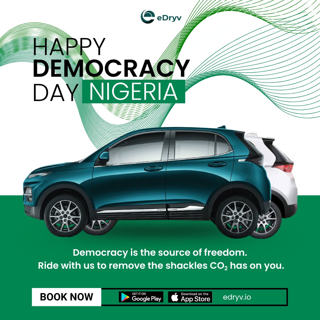 eDryvmobility's tweet photo. 🇳🇬 Happy Democracy Day, Nigeria!

Today we celebrate the freedom to shape our future.
At eDryv, we champion cleaner mobility for a freer, greener Nigeria.
Choose electric. Drive change. ⚡🇳🇬
#DemocracyDay #eDryv #DriveElectric #SustainableNigeria https://t.co/eSK8wqV8Ng